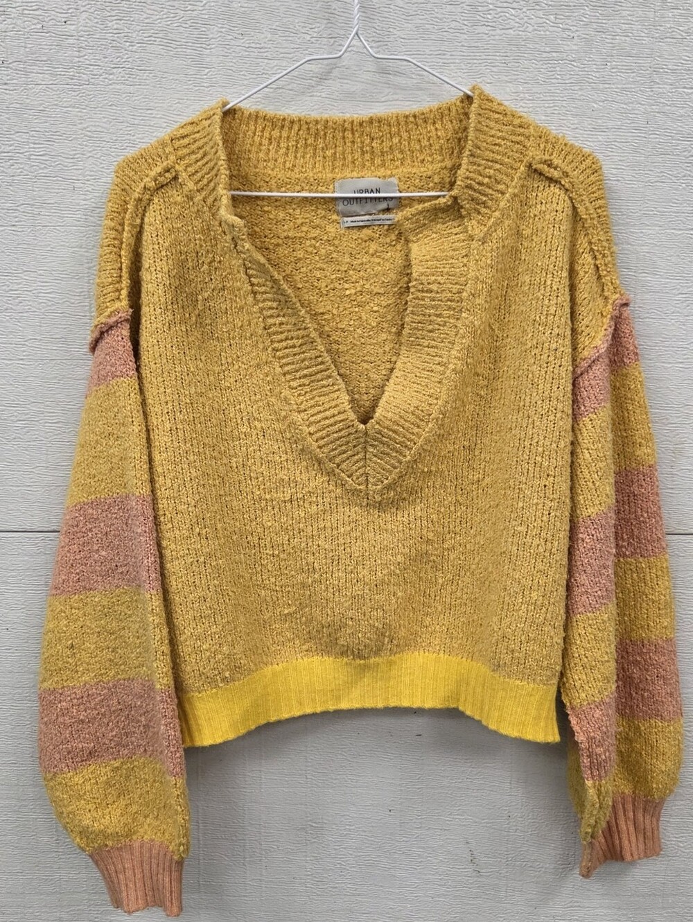 Urban Outfitters small oversized Mustard Yellow V-Neck Striped Sleeve Sweater - Picture 5 of 9